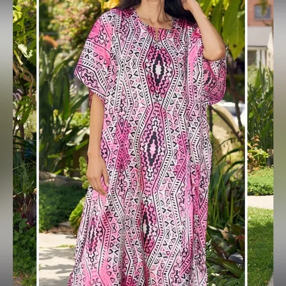 CARESS PINK BLACK ABSTRACT MIX S-4X LOUNGE COVERUP ROBE RESORT MAXI DRES… - Picture 2 of 3